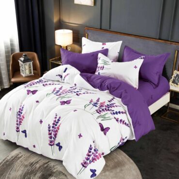 Lenjerie de pat, finet, 6 piese, Alb cu Lavanda