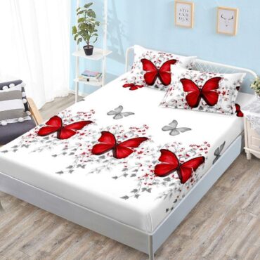 Husa de pat+2 fete de perna finet, Fluturi Rosii
