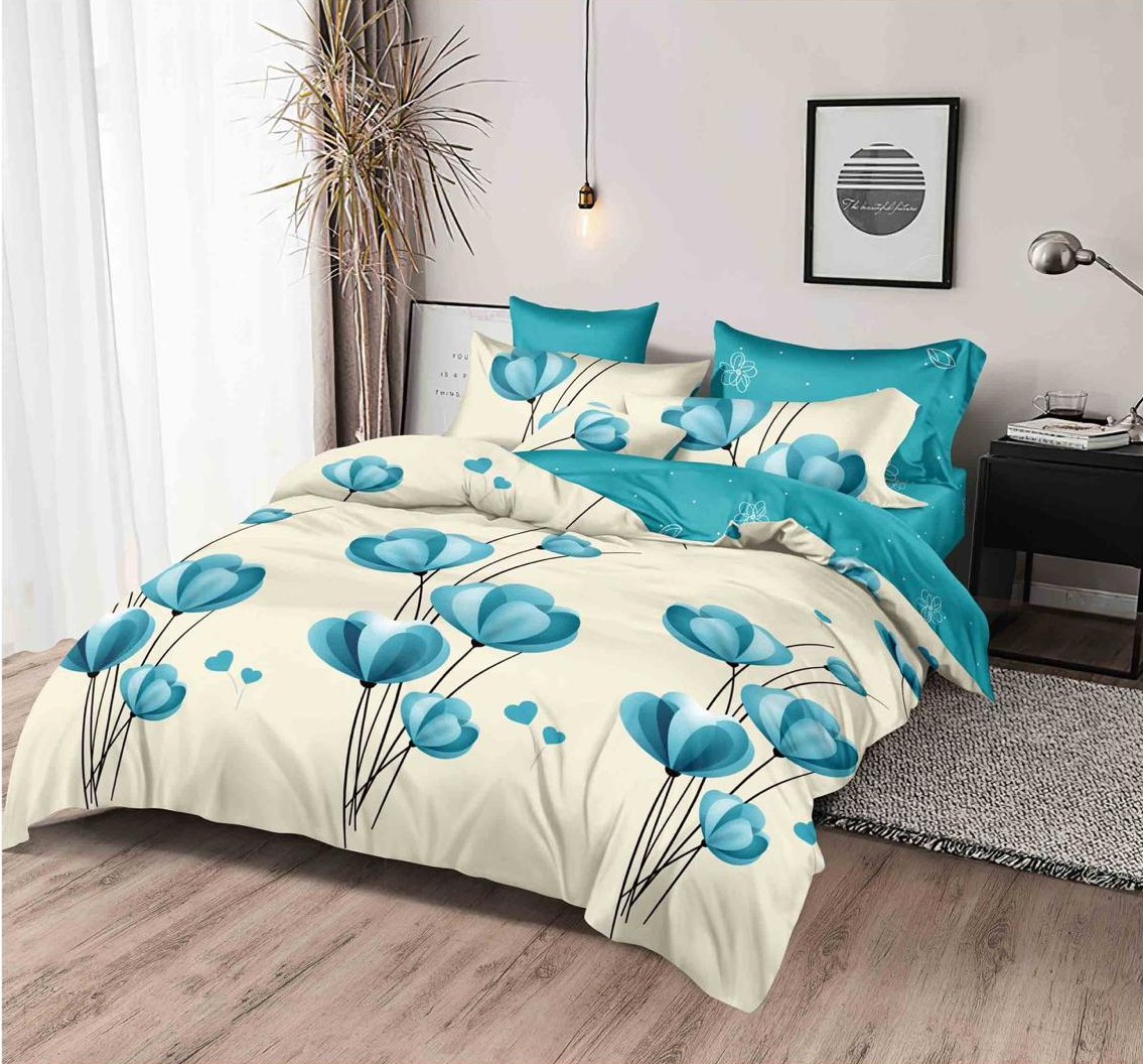 Set 6 piese, Lenjerie de pat Bumbac Finet, Flori Babyblue