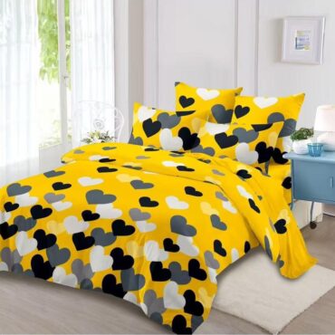 Set 6 piese, Lenjerie de pat Bumbac Finet, Galben cu inimi negre