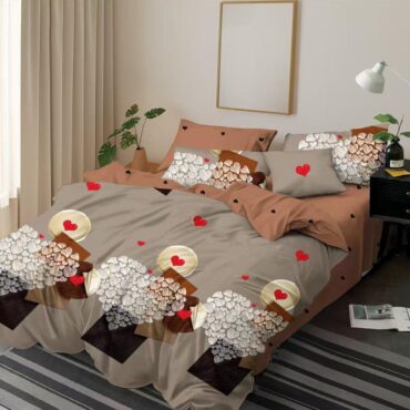 Set 6 piese, Lenjerie de pat Bumbac Finet, Maro pastel cu inimioare